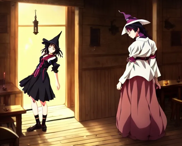 Image similar to key anime visual portrait of a young female witch in a tavern interior defending a companion, dynamic pose, dynamic perspective, cinematic, dramatic lighting.