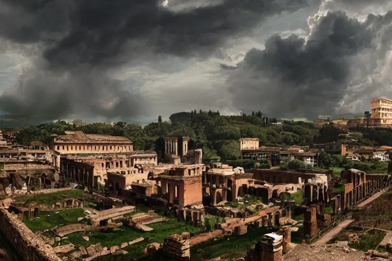 Prompt: Ancient Rome in a Roman valley, dramatic sky, digital art, 4k, 8k, trending on ArtStation