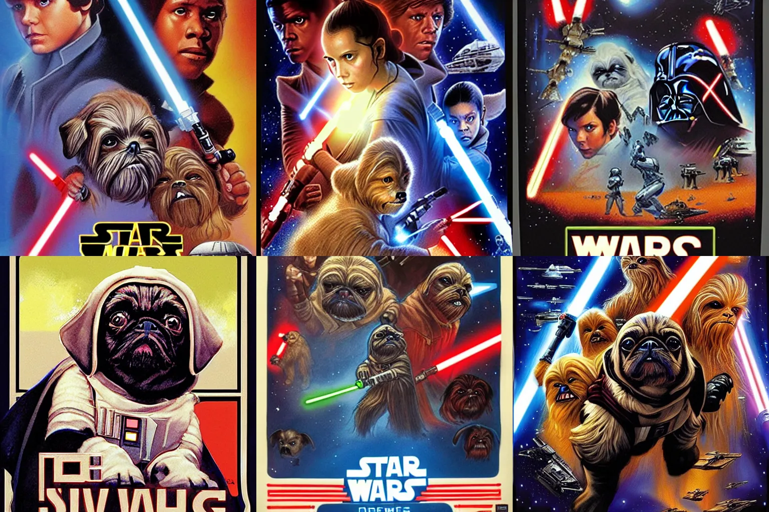 Prompt: Star Wars pugs poster by Drew Struzan, textless