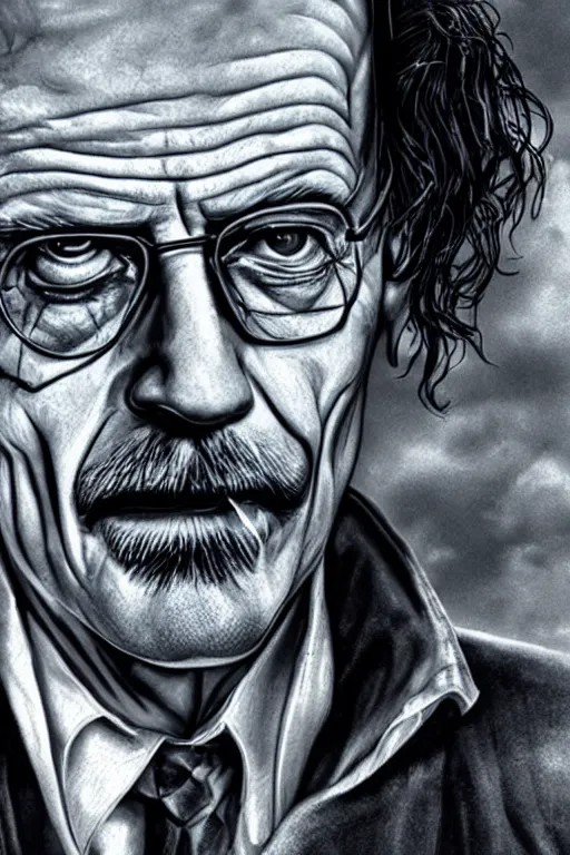 Image similar to walter white as the joker, photorealistic, highly detailed,