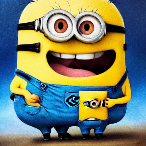 Image similar to minion after he accidentally ate his older brothers special brownie, oil painting