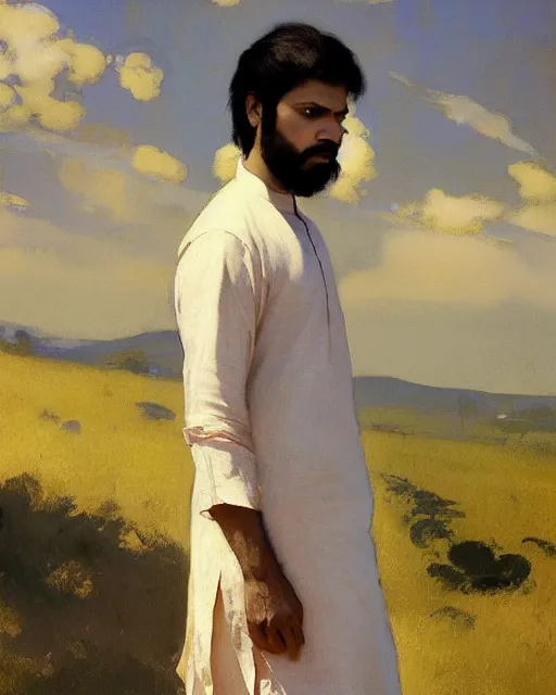 Prompt: a guy in a kurta waiting for his love to come, art by greg rutkowski, gustave courbet, rosa bonheur, edward hopper. faithfully depicted facial expression, perfect anatomy, sharp focus, global illumination, radiant light, detailed and intricate environment, trending on artstation