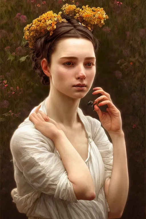 Image similar to beautiful portrait of a woman, similar to'the milkmaid ', beautiful woman, symmetry, perspective, portrait, anime!!, fantasy, ultra detailed, elegant, intricate, dynamic lighting, hyperrealism, digital art, digital painting, artstation, wlop, sharp focus, illustration, art by artgerm and greg rutkowski and alphonse mucha, 8 k