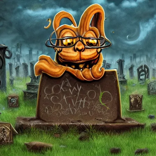 Prompt: an eldritch lovecraftian garfield crying at a overgrown and abandoned grave trending on artstation deviantart pinterest photorealistic hd 8 k highlights and shadow detailed high resolution