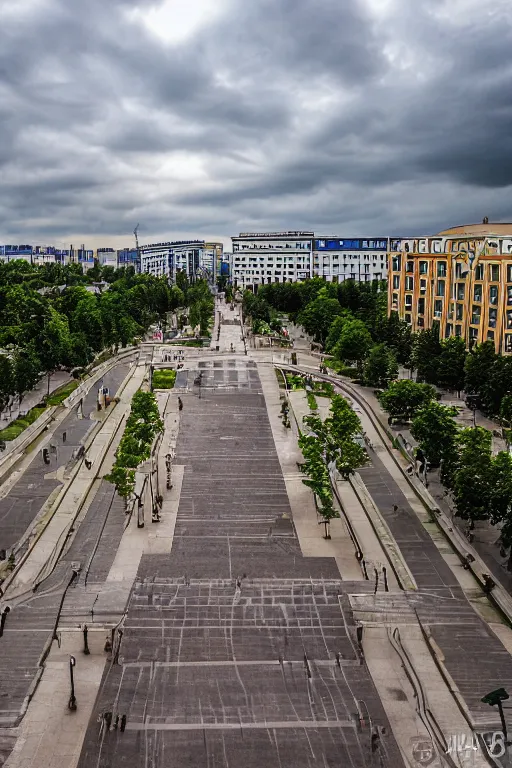 Prompt: Yakub Kolas Square in the city of Minsk, Belarus, view of the 4th Big Hall and the underground descent into the metro from two sides, summer, cloudy, beautiful, photorealistic, perfect, photo kodak 35mm colored, 8K, high quality, 8k resolution, 4K, detailed, high details, Super-high quality, hyperdetailed, Hyperrealistic