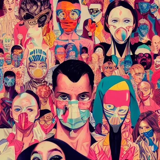 Prompt: Fashion weak portrait of people with sanitary mask, Tristan Eaton, artgerm, Victo Ngai, RHADS, ross draws