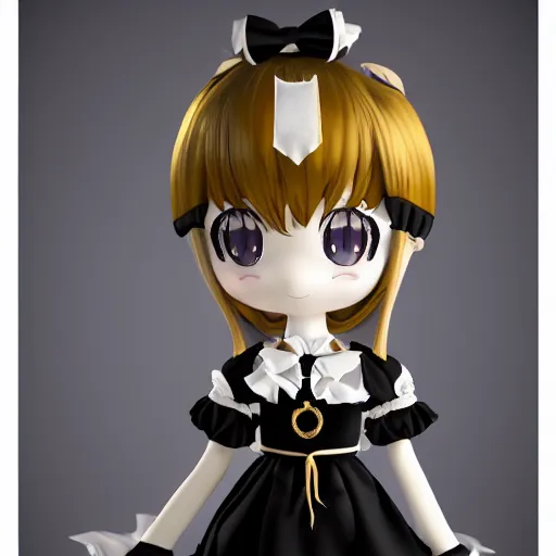 Image similar to cute fumo plush of a gothic maiden in a black and gold uniform, laces and ribbons, soft shadow, anime girl, vray, symmetry, white frame