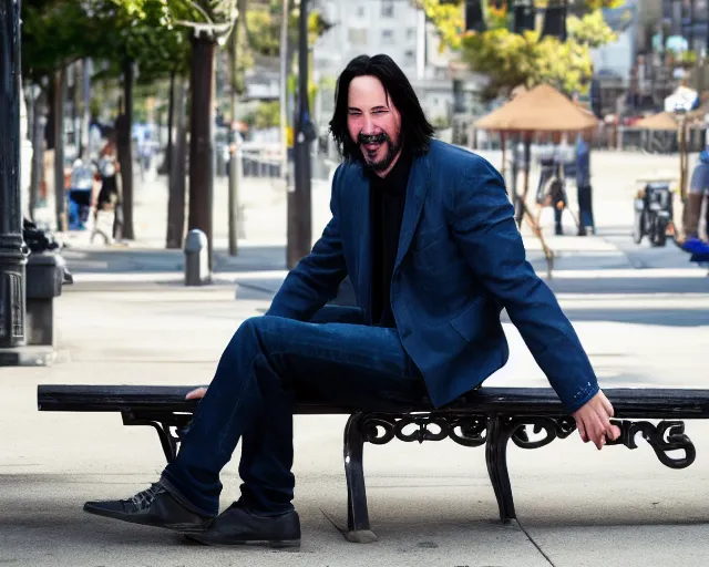 Image similar to 5 5 mm photo of happy keanu reeves in blue jeans and black jacket sitting on a bench in the street. dof. lifelike. ultra detailed. intricate. soft light. nikon d 8 5 0.