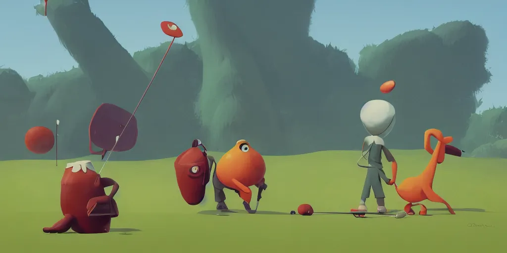 Prompt: cute cartoon monster playing golf by Goro Fujita and Simon Stalenhag , 8k, trending on artstation, hyper detailed, cinematic