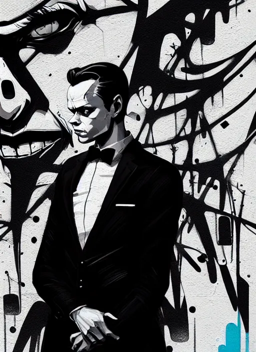 Prompt: highly detailed closeup portrait of sinister martin wallstrom, tyrell wellick mr robot, slick back hair wearing suit by atey ghailan, by greg rutkowski, by greg tocchini, by james gilleard, by joe fenton, by kaethe butcher, gradient blue, black and white only color scheme, grunge aesthetic!!! ( ( graffiti tag wall background ) )