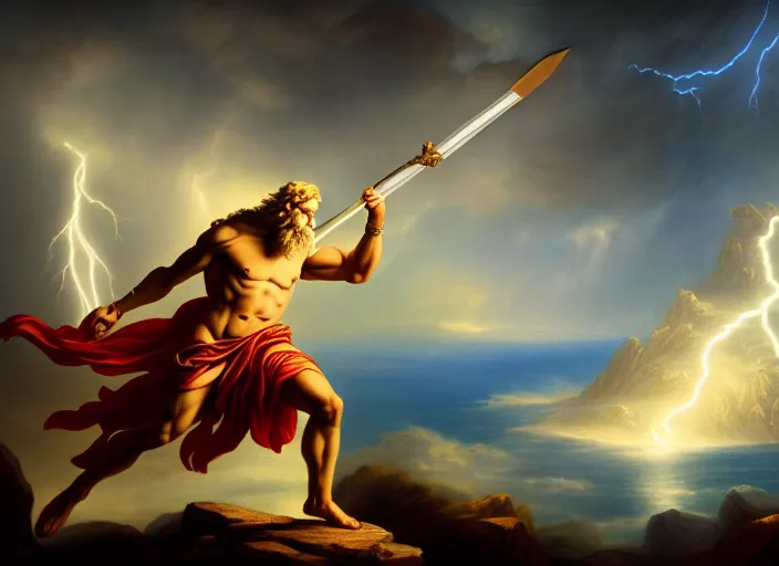 Image similar to soft painting of zeus fighting chronos with a spear of lightning at the top of mount olympus. fantasy style. highly detailed 8 k. intricate. lifelike. soft light. nikon d 8 5 0 5 5 mm. dof. cinematic post - processing.