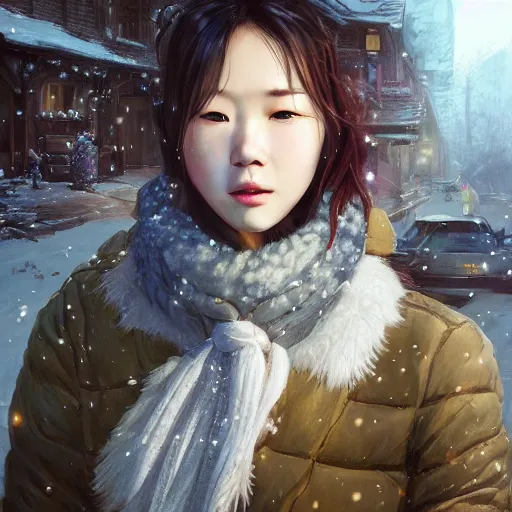 Image similar to the portrait a beautiful grocery young asia woman in down jacket, with a goosethe background is dust earth road ， river winter an snow, illustration by wenjun lin, irakli nadar, bright colors, octopath traveler, wenjun lin, unreal engine 5 highly rendered, global illumination, radiant light, detailed and intricate environment