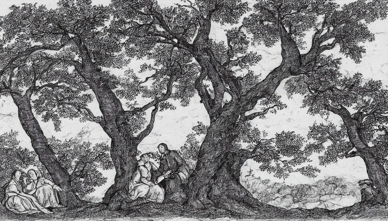 Image similar to a couple sits together on a large hill while wind blows the trees, pen and ink, 1 5 0 0 s, 8 k resolution