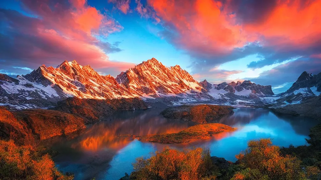 Image similar to amazing landscape photo of mountains with lake in sunset by marc adamus, beautiful dramatic lighting