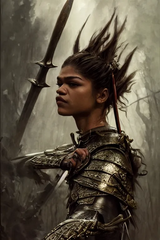 Image similar to zendaya, legendary warrior, heroic fighter, lord of the rings, tattoos, decorative ornaments, battle armor, omar ortiz, carl spitzweg, ismail inceoglu, vdragan bibin, hans thoma, greg rutkowski, alexandros pyromallis, perfect face, sharply detailed, centered, rule of thirds, realistic shading, photorealism