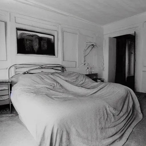 Image similar to wide angle photograph of a cozy bedroom designed by hr giger