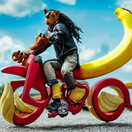 Image similar to travis scott riding a banana, realistic, sharp focus, ultra high details, 8 k, hd, sharp, detailed face