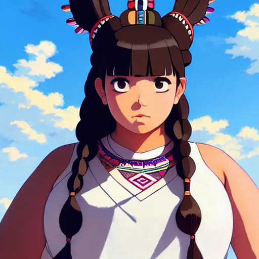 Image similar to a beautiful! plus sized native women instagram model, brown skin, wearing catholic school girl outfit with mayan pattern and native style, aztec street fashion, gapmoe yandere grimdark, trending on pixiv fanbox, painted by greg rutkowski makoto shinkai takashi takeuchi studio ghibli, akihiko yoshida