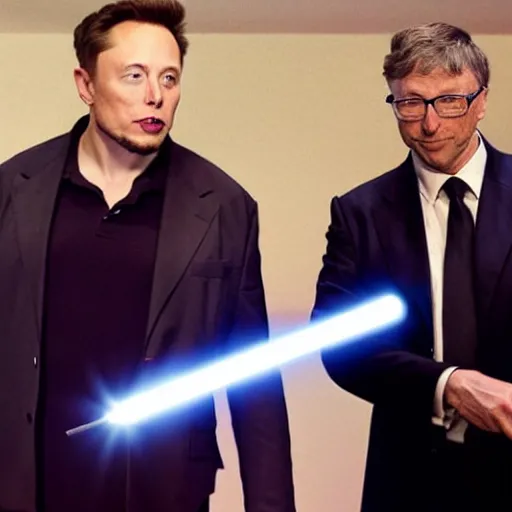 Image similar to film still of elon musk dueling bill gates with a lightsaber, epic cinematic