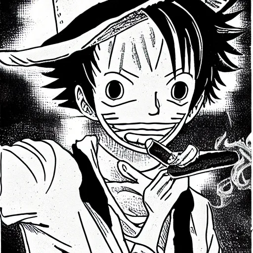 Prompt: Luffy smoking a cigar on a boat, highly detailed, manga