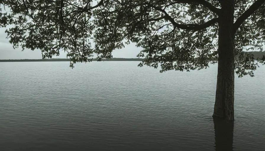 Image similar to photograph of an infinitely long rope on the surface of the water, the rope is zig zagging from the foreground towards the center of the lake, a dark lake on a cloudy day, trees in the background, moody scene, anamorphic lens, kodak color film stock