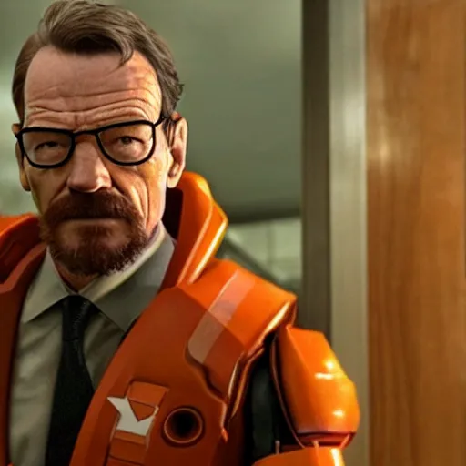 Image similar to Bryan Cranston as Gordon Freeman, film still from Half-Life movie, detailed, 4k