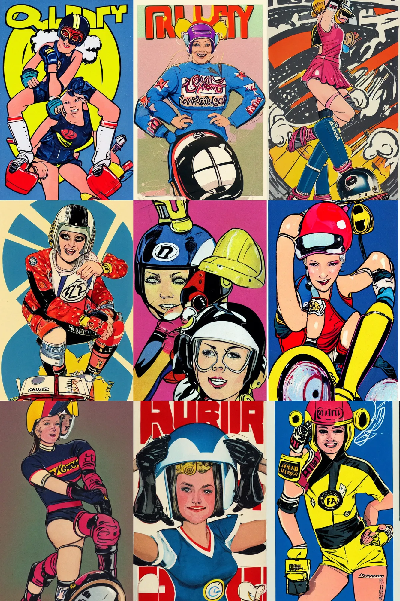 Prompt: roller derby girl portrait, logo, wearing helmet, wearing knee and elbow pads, showing victory,Frank Hampson and Kamggarn, 1970s