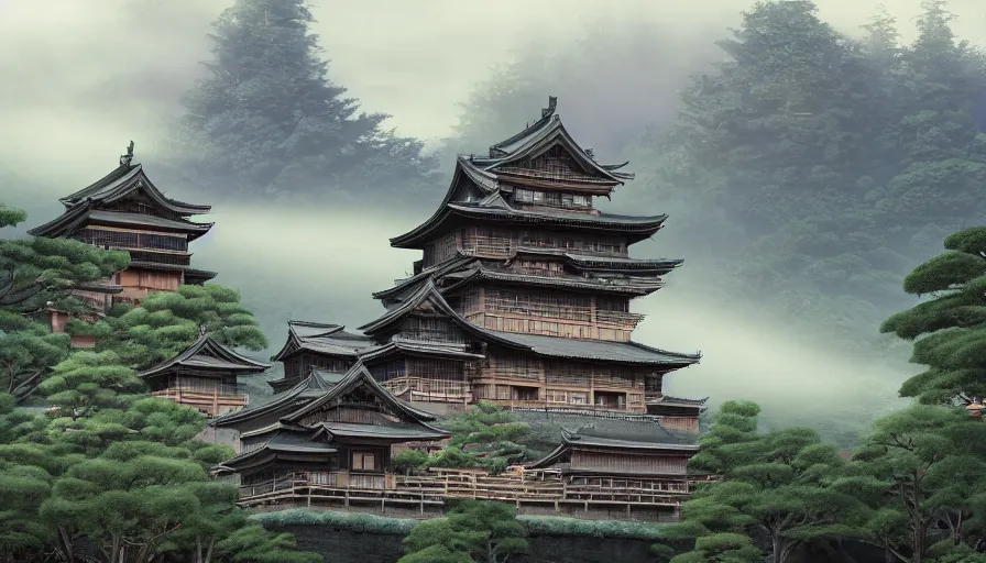 Image similar to A highly detailed matte painting of a large japanese castle, dark and wooden, in the mountains with volumetric fog, with matsu pine trees, by Studio Ghibli, Makoto Shinkai, by Artgerm, by beeple, volumetric lighting, octane render, 4K resolution, trending on artstation