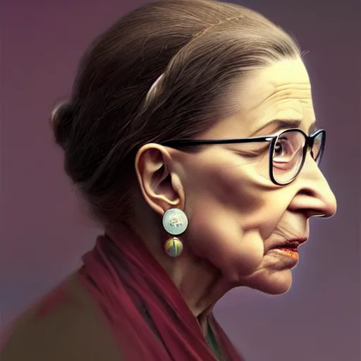 Image similar to a hyper - realistic character concept art portrait of ruth bader ginsburg young, depth of field background, artstation, award - winning realistic sci - fi concept art by jim burns and greg rutkowski, beksinski, a realism masterpiece, james gilleard, bruegel, alphonse mucha, and yoshitaka amano.