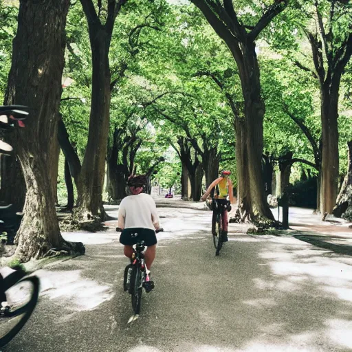 Image similar to friends ride their bikes through a colonnade of trees