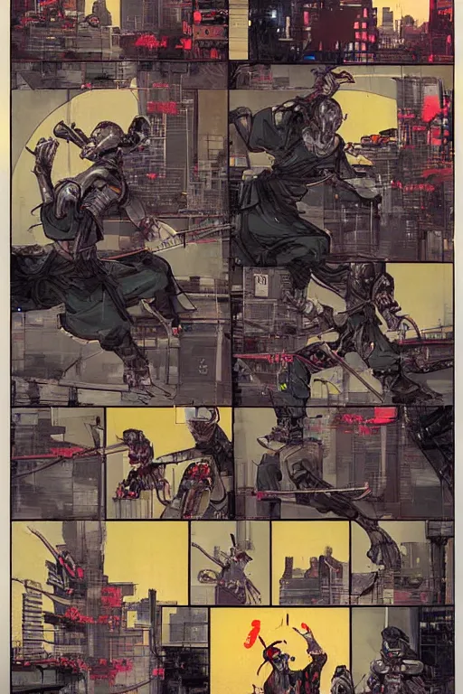 Image similar to Cybernetic Taoist martial-artist robotic shinobi ninja samurai sifu practicing qi-gong, chi-gong, kung-fu upon a city rooftop dojo with bonsai trees decorating the place. Dynamic, delirious, creative panel style by Bill Sienkiewicz. Heavy chromatic abberation. Visual distortion. Sci-Fi cyberpunk Comic page made up of art by the best artists Trending on Artstation. Octane render, Raytracing, 3d masterpiece, fantastic lighting by James Gurney. Noir detective genre.
