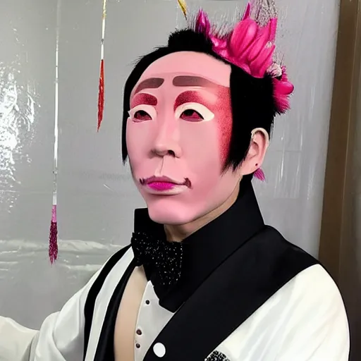 Image similar to a flamboyant japanese man that has had lots of plastic surgery, wears lots of makeup and has smooth skin wearing a wedding dress