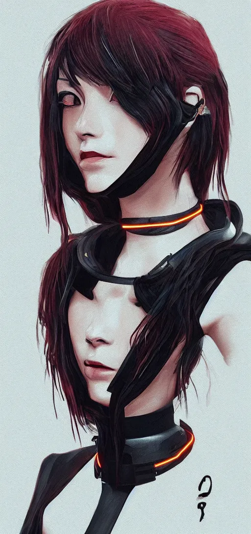 Prompt: headshot artwork of cyberpunk woman wearing thick black choker, collar on neck, realistic, artstation, neon,