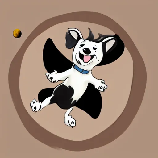 Image similar to cute jack black and white russel terrier jumping over the moon in the night sky, large round eyes, concept art, game art, character sheet, character design, by cory loftis and bill schwab