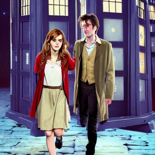 Prompt: david tennant as tenth doctor who and emma watson as hermione granger in tardis, a colorized photo by hinchel or, tumblr, fantastic realism, colorized, handsome, da vinci