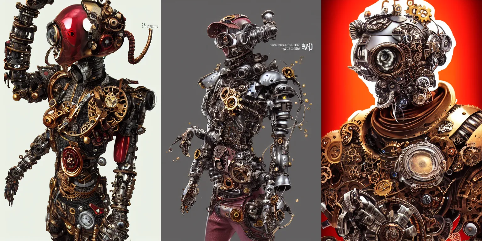 Prompt: Portrait of a steampunk sci-fi cyborg ninja, third person, D&D, sci-fi fantasy, cogs, jewels, intricate, red and gold, highly detailed, art by Range Murata, highly detailed, 3d, Cycles4D render, octane render, bright colors, digital painting, trending on artstation, sharp focus, illustration style of Stanley Artgerm,