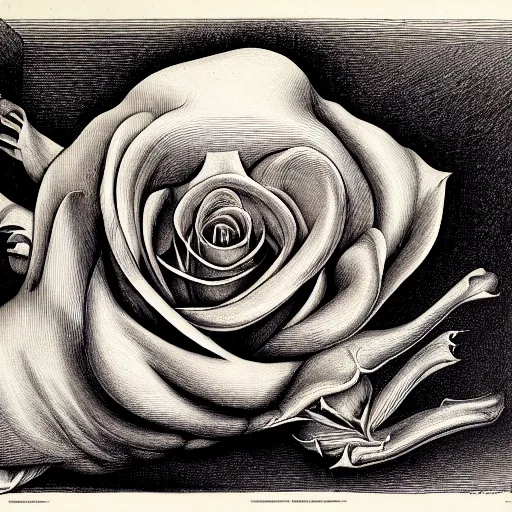 Prompt: surreal rose head anatomical atlas dissection center cut, lithography on paper conceptual figurative ( post - morden ) monumental dynamic soft shadow portrait drawn by hogarth and escher, inspired by goya, illusion surreal art, highly conceptual figurative art, intricate detailed illustration, controversial poster art, polish poster art, geometrical drawings, no blur