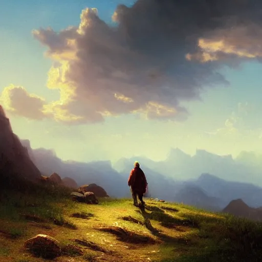 Prompt: a traveler wandering trough the mountains looking at the clouds, very detailed, oil painting, cinematic lighting, neo-romanticism, albert bierstadt, trending on artstation