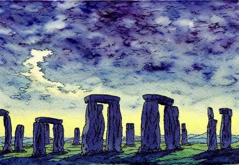 Image similar to a simple watercolor studio ghibli movie still fantasy concept art of stonehenge. a giant squid from princess mononoke ( 1 9 9 7 ) is in the sky. it is a misty starry night. by rebecca guay, michael kaluta, charles vess