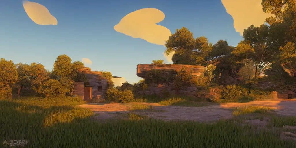 Image similar to a serene landscape with a singular building at sunrise, pixar style, octane render, unreal engine 5, path traced, highly detailed, high quality, 8 k, cartoon, high coherence, breathtaking landscape, soft lighting, godrays, complementary colors, natural lighting