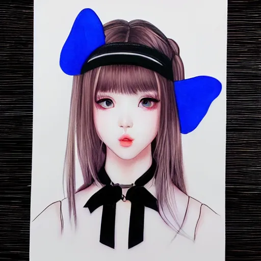 Image similar to realistic detailed semirealism beautiful gorgeous cute Blackpink Lalisa Manoban wearing school uniform, blue eyes blue iris, black hair black cat ears, black leather choker, proportional body, WLOP, Aztodio, Taejune Kim, sakimichan, ArtGerm, Pixiv, Instagram, Artstation