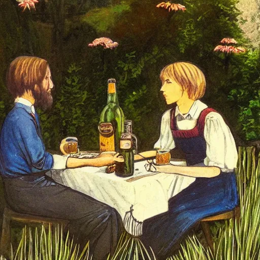 Prompt: girl and boy sitting at table in garden. on the table there is beer and wine. the sun shines. folk horror style art. detailed. clematis. arbour