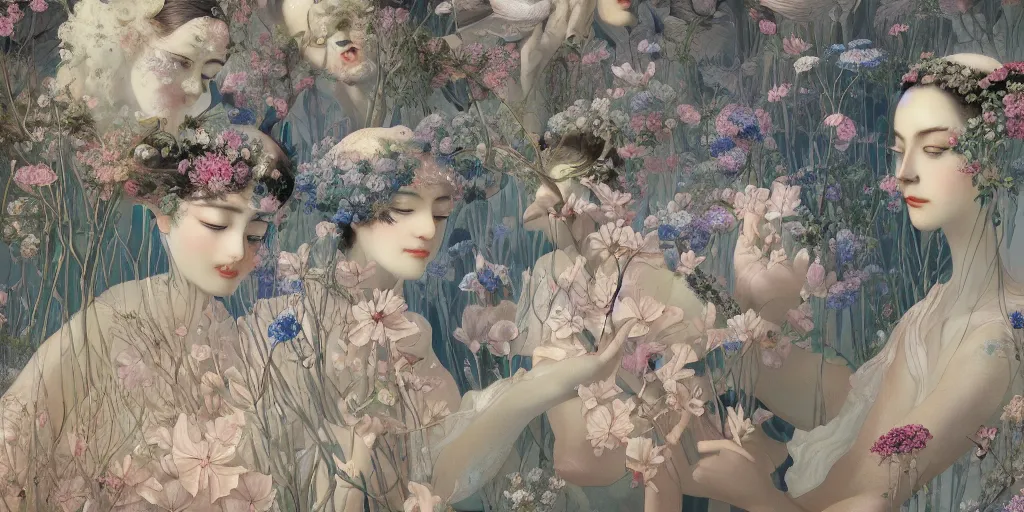 Image similar to breathtaking detailed concept art painting art deco pattern of faces goddesses of nemophila flowers with anxious piercing eyes and blend of flowers and birds, by hsiao - ron cheng and john james audubon, bizarre compositions, exquisite detail, extremely moody lighting, 8 k