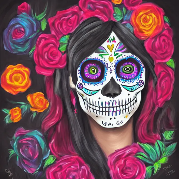 Prompt: a smiling girl with long black hair, her paint painted as dia de los muertos, by alozuniga. with the style of arcane ( 2 0 2 1 ). digital draw, digital art, trending on instagram, digital painting.