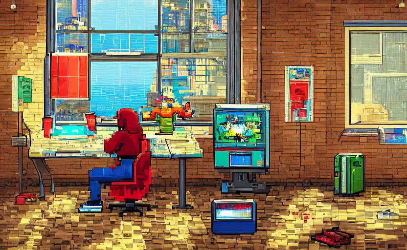 Image similar to Arcade-game Character sitting and relaxing in front of their work desk in their cozy room as a peaceful rainy city scene is seen through the room's window. Smooth Highly detailed masterpiece pixel-art. in the style of Close Highly detailed masterpiece professional artistry Sega, Namco, Neogeo, Capcom artist's Pixel-art. Trending on artstation. Slice-of-life genre art. Balanced colors and lighting scheme by James Gurney and artgerm. In the style of a 'Music to chill/study' to youtube video.