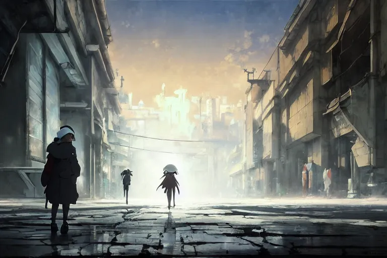 Image similar to baroque oil painting of anime key visual concept art of girl's last tour scenery official art, white clean abandoned concrete cityscapes, trending on artstation, palette knife and brush strokes, oil on canvas, style of makoto shinkai greg rutkowski studio ghibli