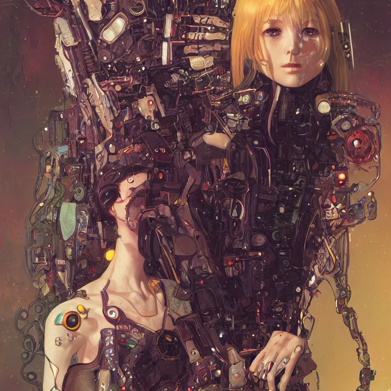 Prompt: portrait of beautiful young alien, cyberpunk, Warhammer, highly detailed, artstation, illustration, art by Gustav Klimt and Range Murata and Ilya Kuvshinov and Sakimichan