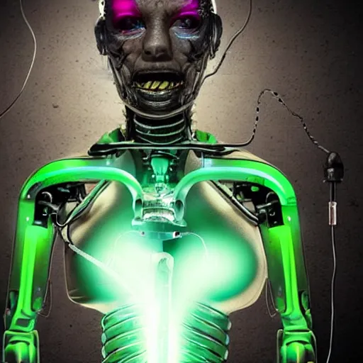 Prompt: the upper torso of a terminator cyborg lady with borg implants, human face and robotic snakes coming out of her head. She is hanging from cables and wires off the ceiling of an abandoned lab and plugged into a server computer. Her bottom half is missing with cables hanging out. She is taking a sip from a cup of coffee. Tiny green led lights in her cybernetics. very detailed 8k. Horror cyberpunk style.