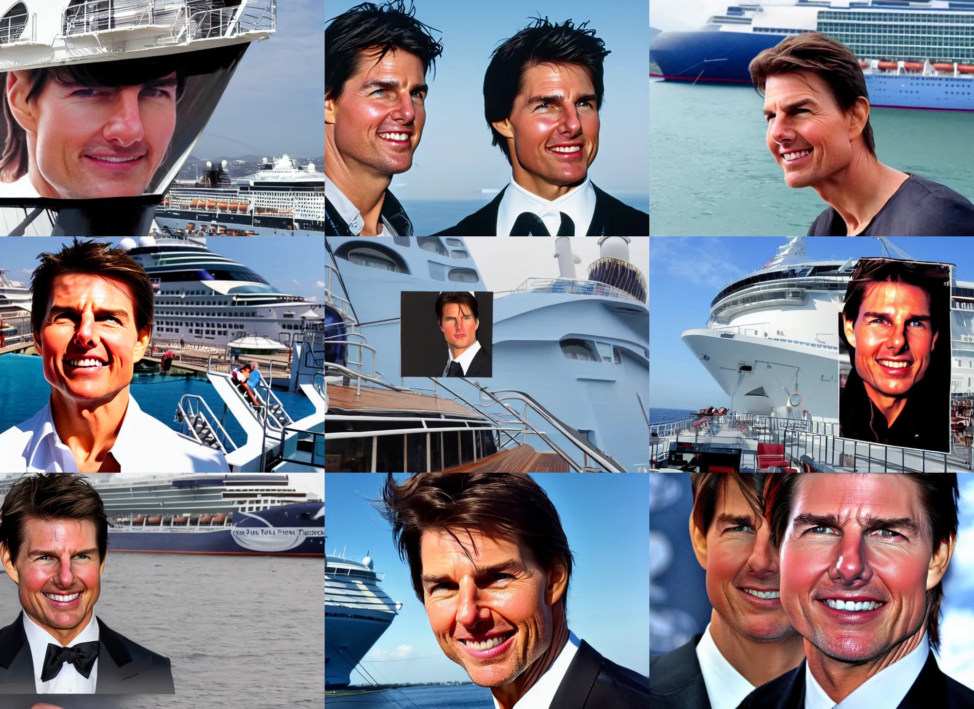 Prompt: tom cruise's face on the bow of a cruise ship