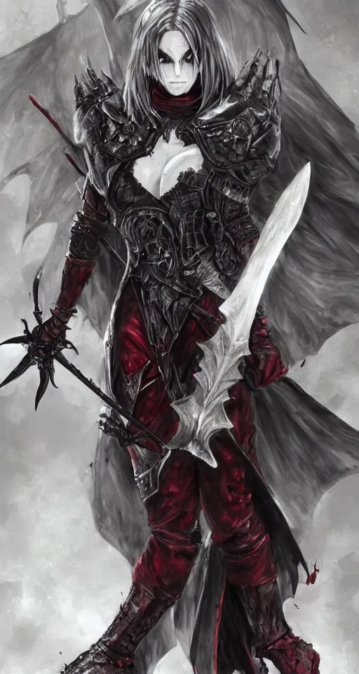 Prompt: dnd art, female vampire knight, barefoot, black full plate armor, historical armor, realistic armor, full body, monstrous mask, giant two - handed sword dripping blood, red wings, grinning, no shoes, black nail polish, realistic, pathfinder, flying.